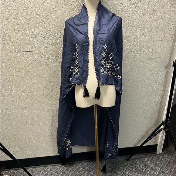 Navy Blue Embroidered Shawl with Tassels - Picture 1 of 4